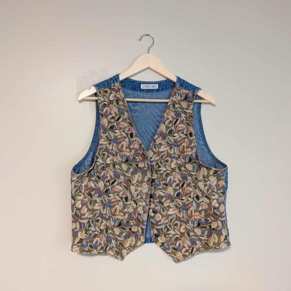 Vintage Tapestry and Denim Button-up Vest - Picture 1 of 3